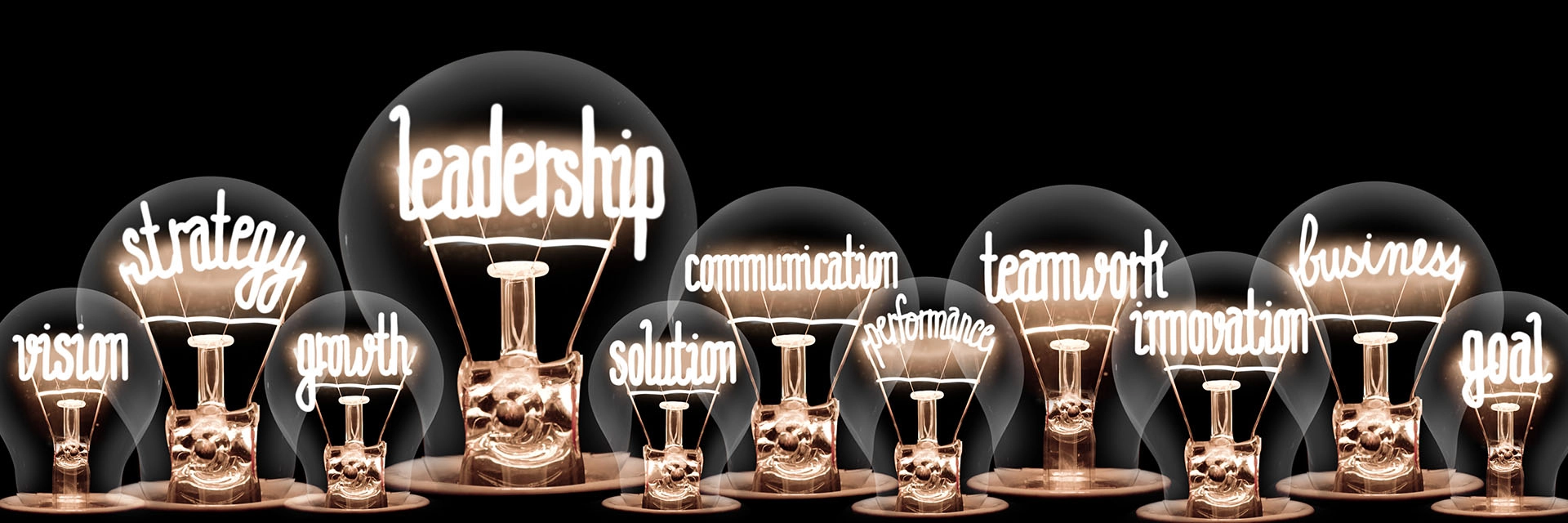 illustration of lightbulbs where the filament indicates keywords like "strategy" and "leadership"