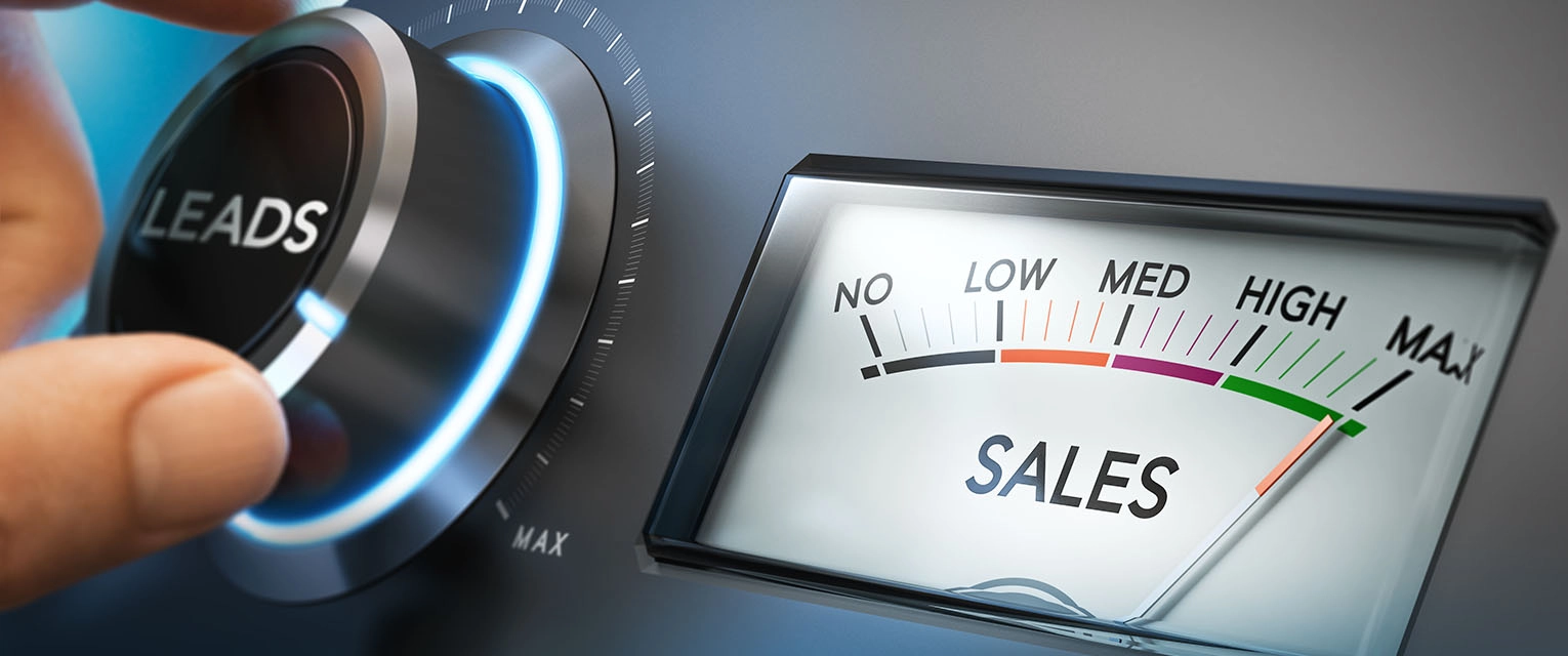 An illustration of a "leads" dial set to "max" sales