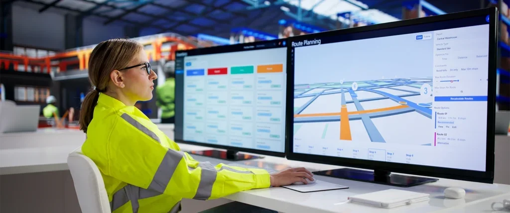A supply chain professional modeling routes at a computer.
